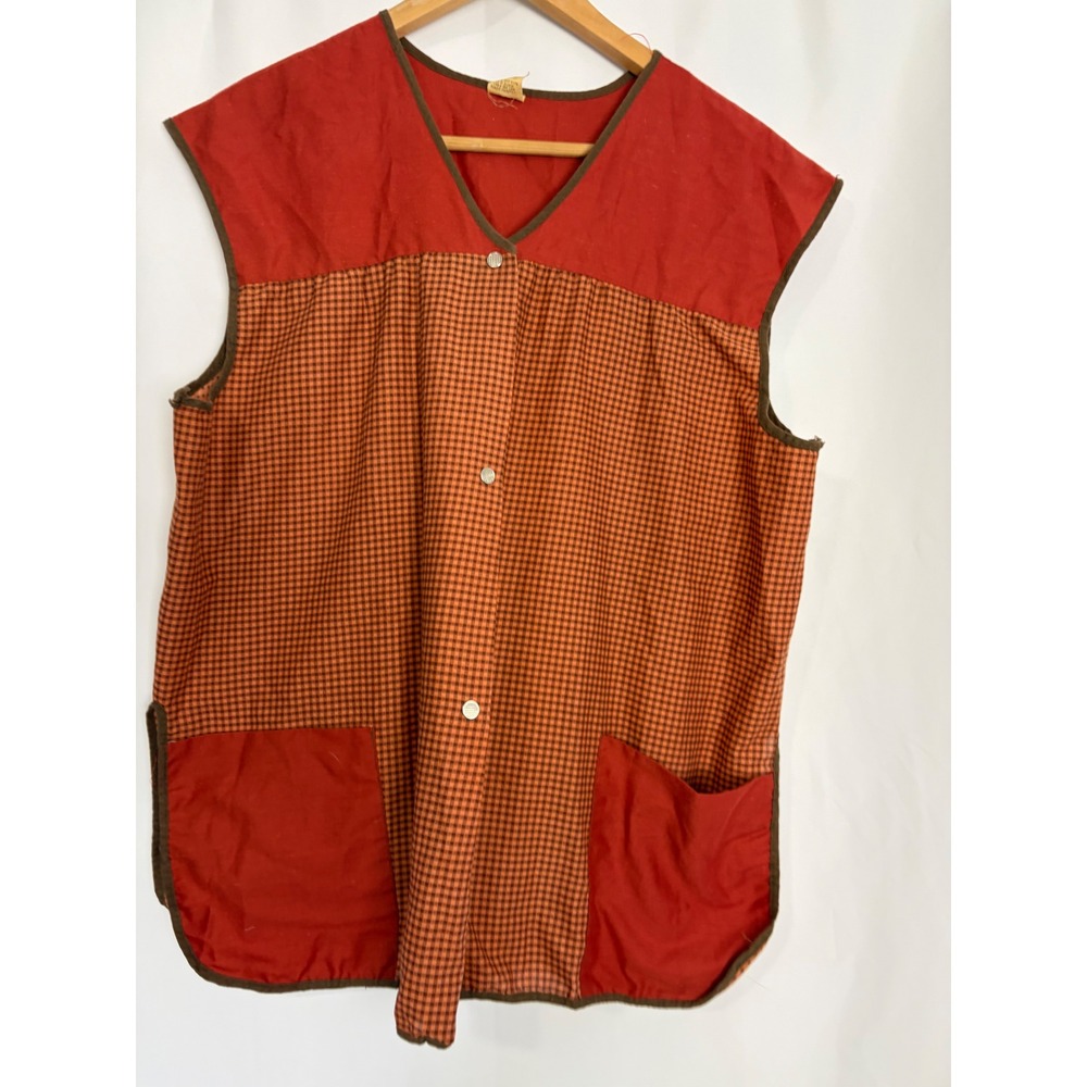Vintage Artistic Creation‎ Orange Gingham Snap Front Smock Vest Apron XL teacher